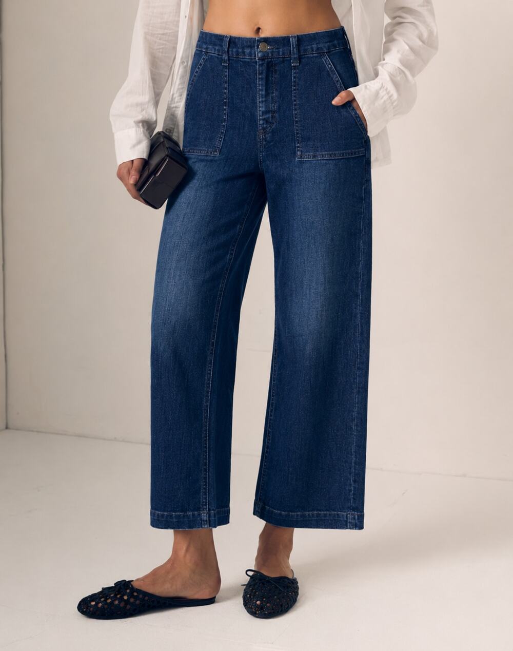 D&CO DENIM & CO Wide Leg Crop Denim Pants Elastic Waist Dark Blue Womens Size 12